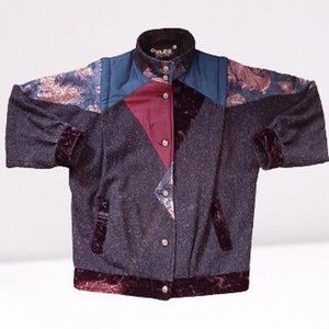 Unique satin and velvet patchwork thick wool blend coat